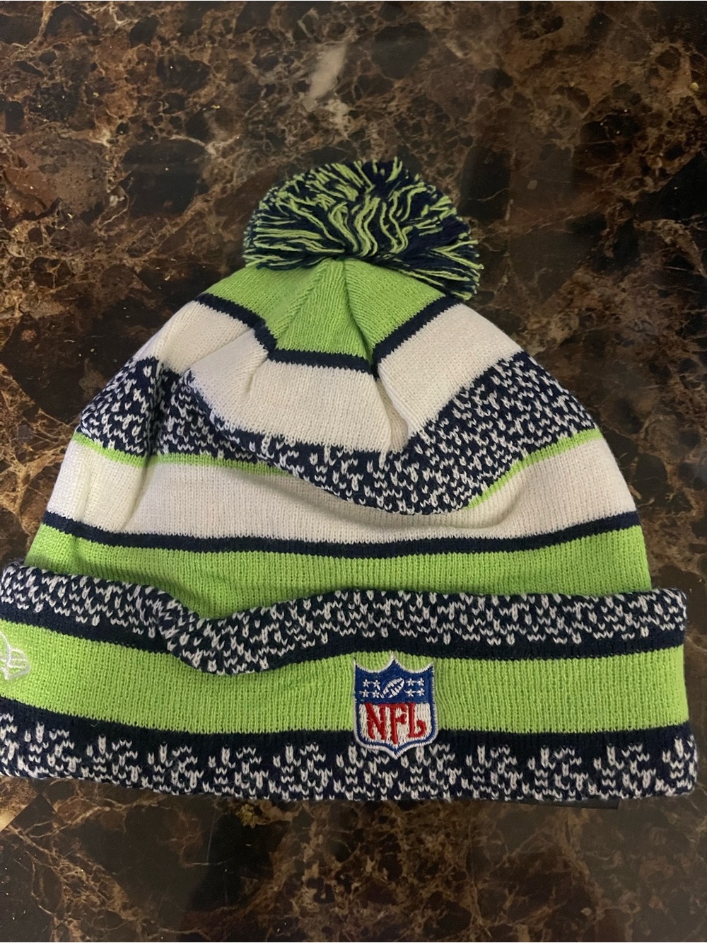 NFL Seahawks Pom Beanie Hat in Neon Green, Navy & White